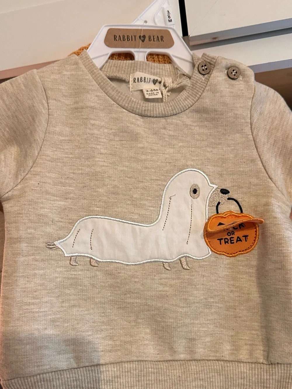 Rabbit & Bear Beige Baby Sweatshirt Set with Dachshund Ghost & Pumpkin Appliqué